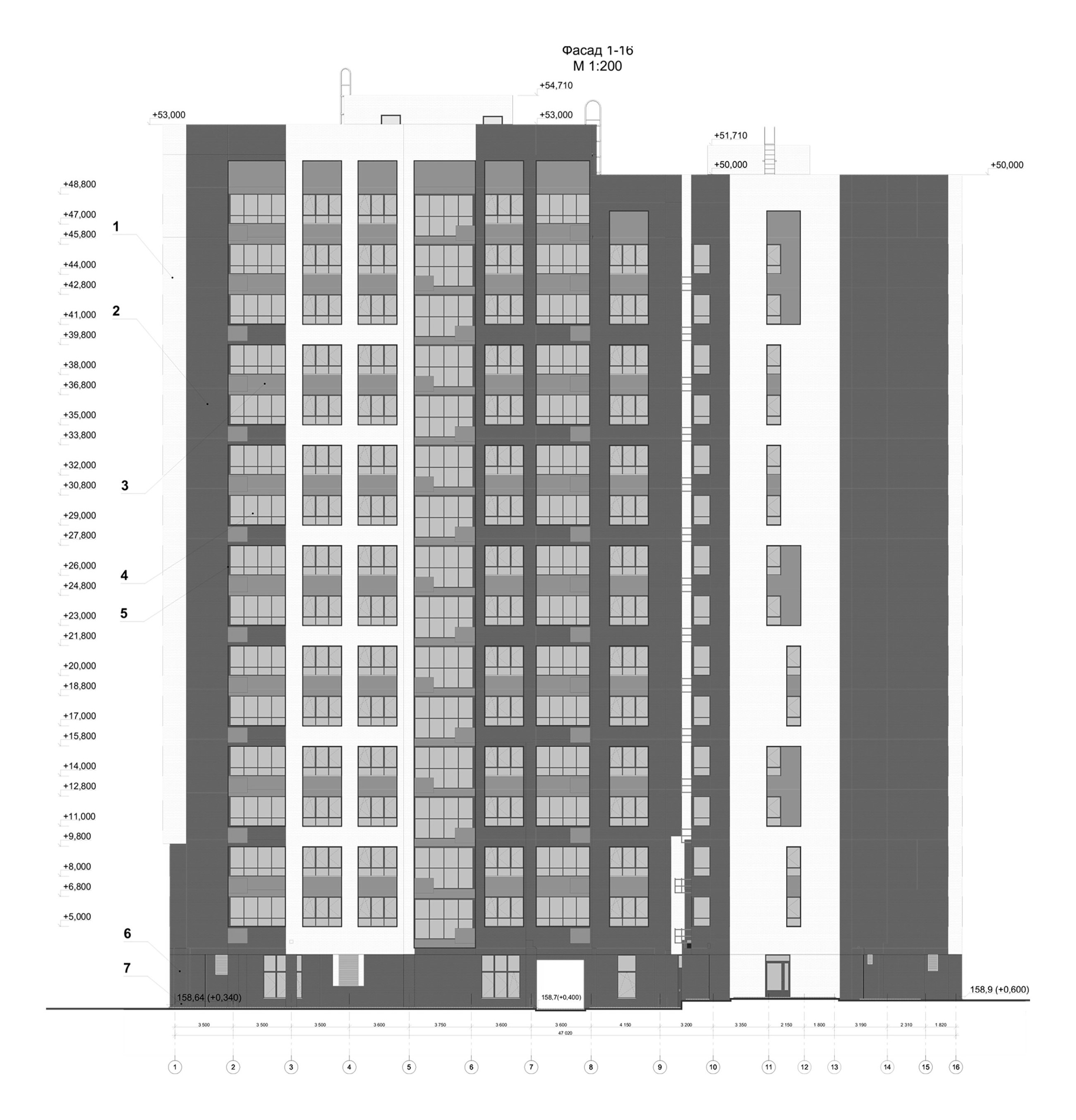 Фасад в осях 1-16, М 1:200
