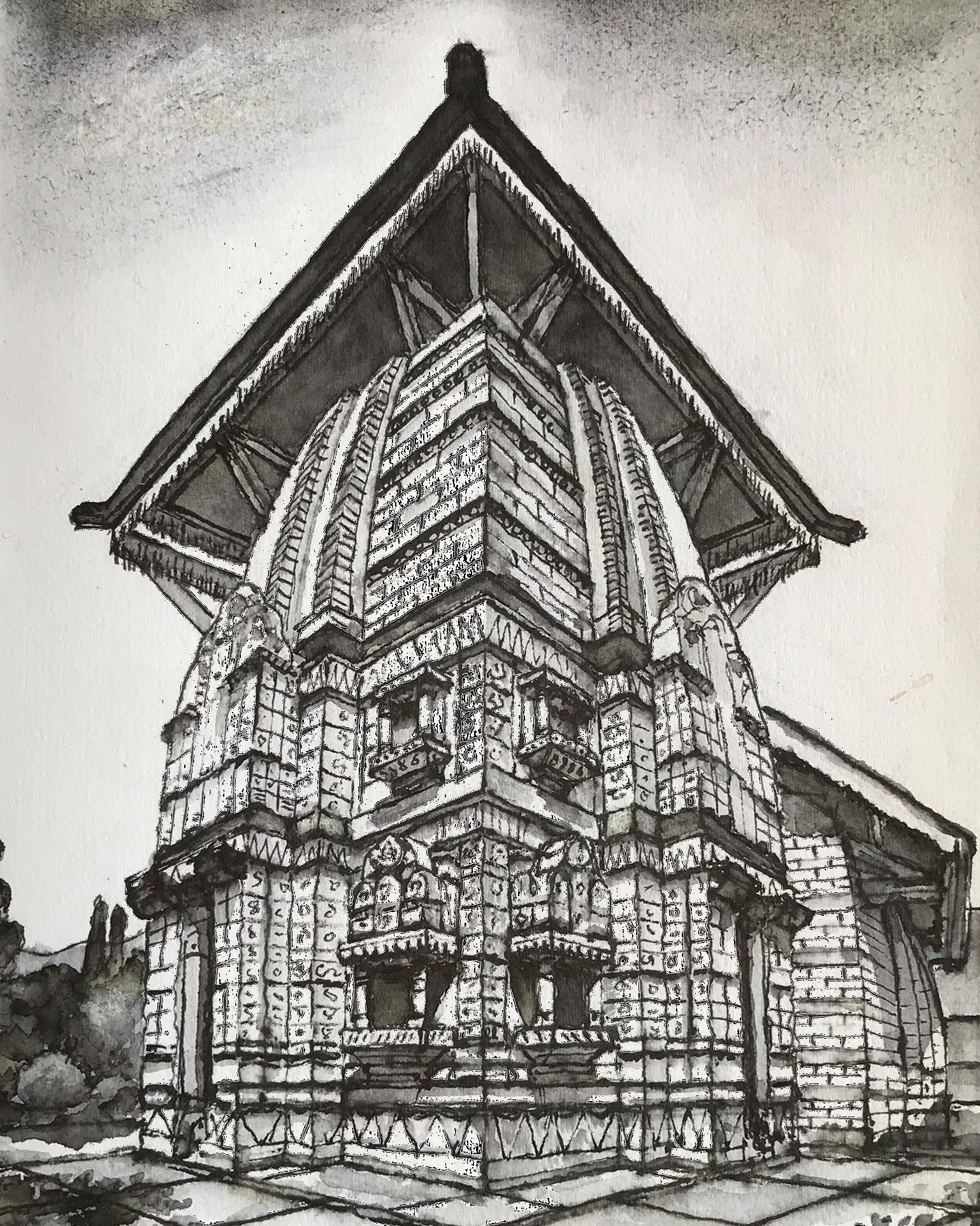 Храмовый павильон, Индия, рисунок тушью